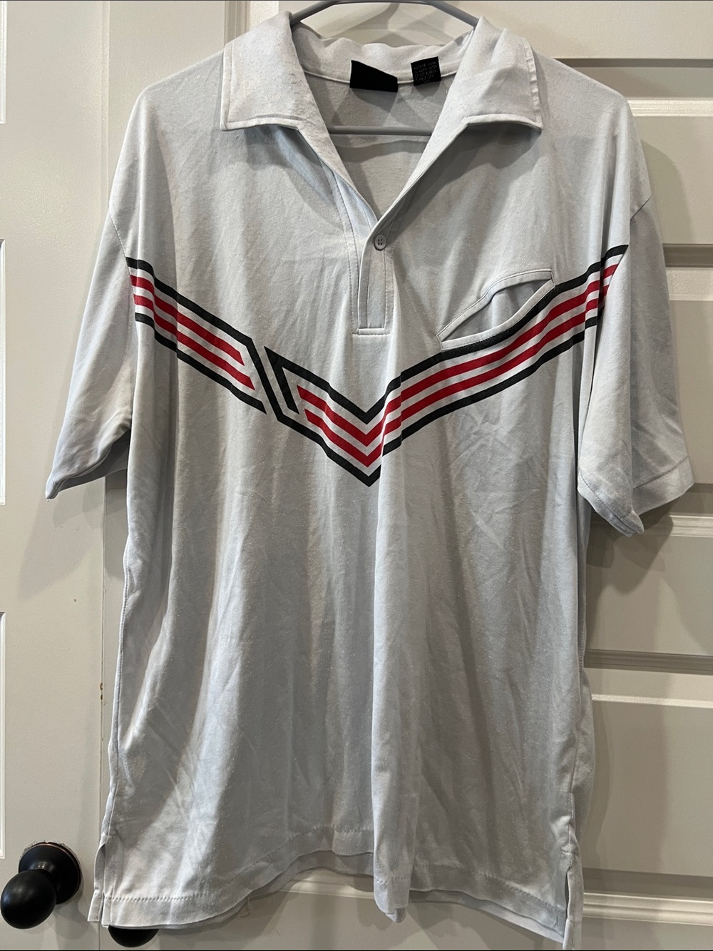 London Fog Polo Light Gray Short-Sleeve Polo with Red and Black Chevron Stripes